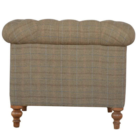 Eco-friendly home decor. Tweed Chesterfield Chair. Chair with plaid fabric and wooden legs. Sustainable furniture.