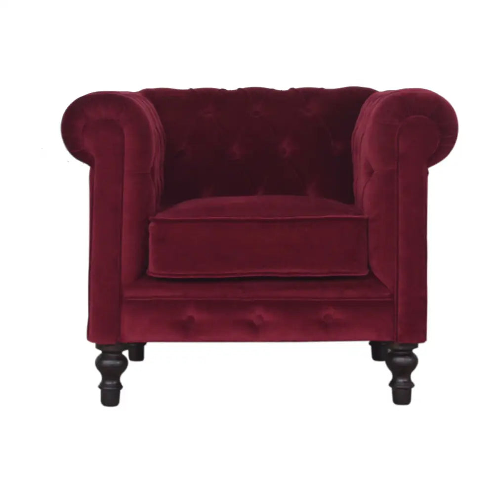Eco-friendly home decor. Red Chesterfield velvet chair. Sustainable furniture