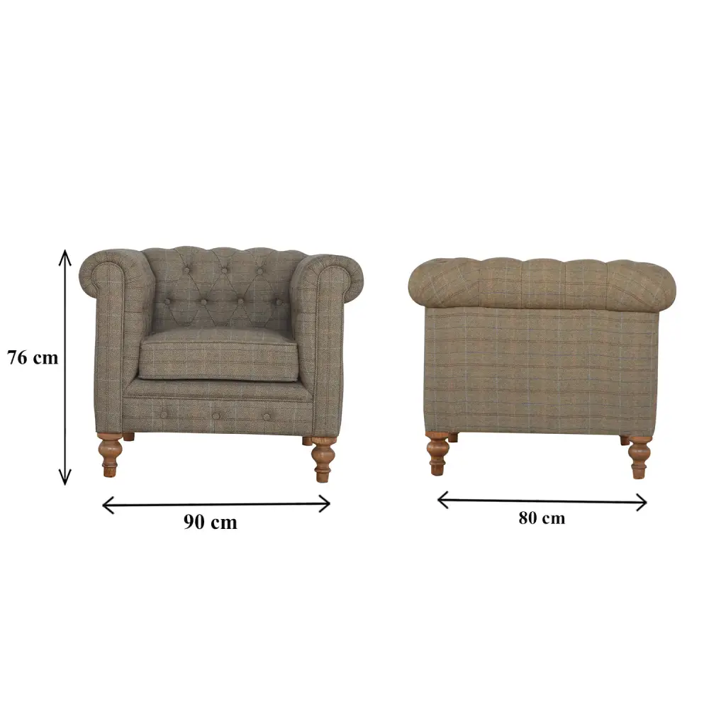 Tweed Chesterfield Chair. Brown Fabric Chesterfield Chair. Sustainable furniture.