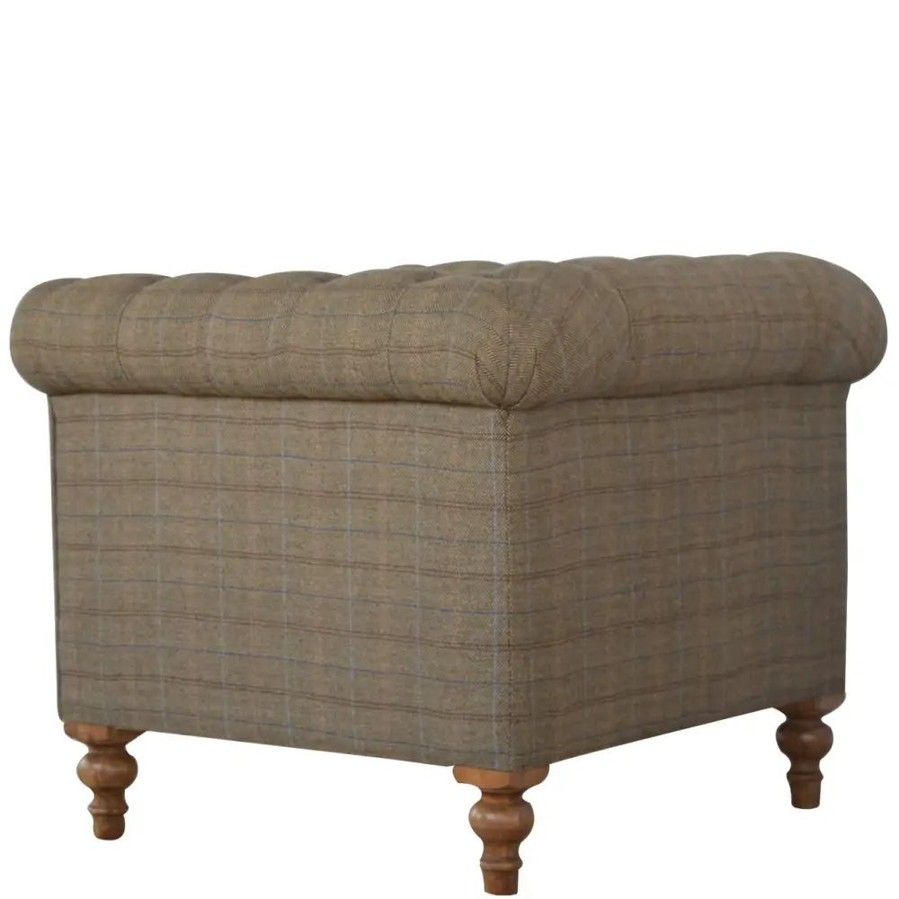 Eco-friendly home decor. Tweed Chesterfield Chair. Fabric chesterfield chair with wooden legs 