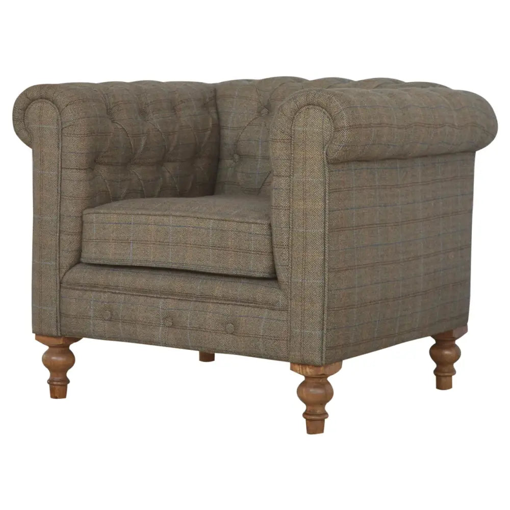 Tweed Chesterfield Chair. Brown checkered armchair with wooden legs. Sustainable furniture.