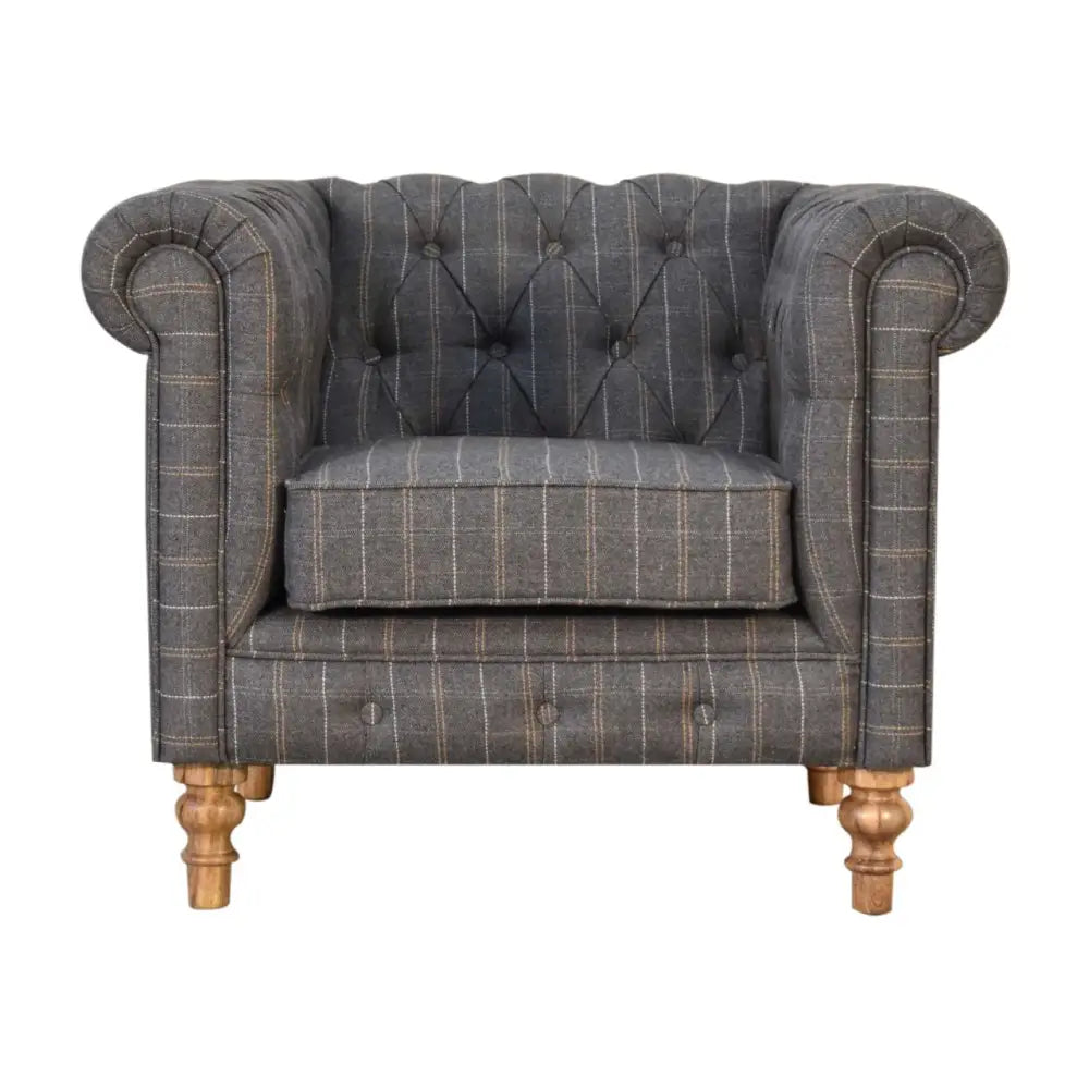Eco-friendly home decor. Tweed Chesterfield Chair. Grey Fabric checkered armchair with wooden legs 
