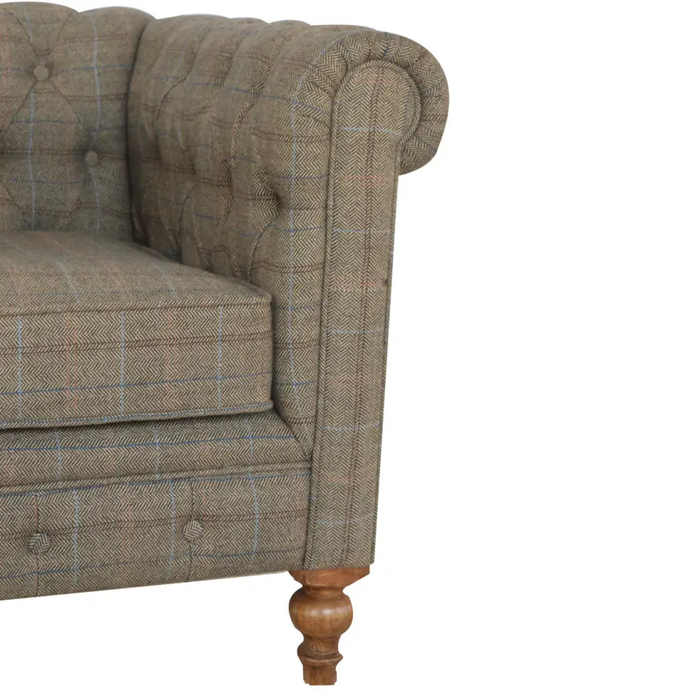 Tweed Chesterfield Chair. Brown fabric tweed armchair with wooden legs. Eco-friendly home decor. 