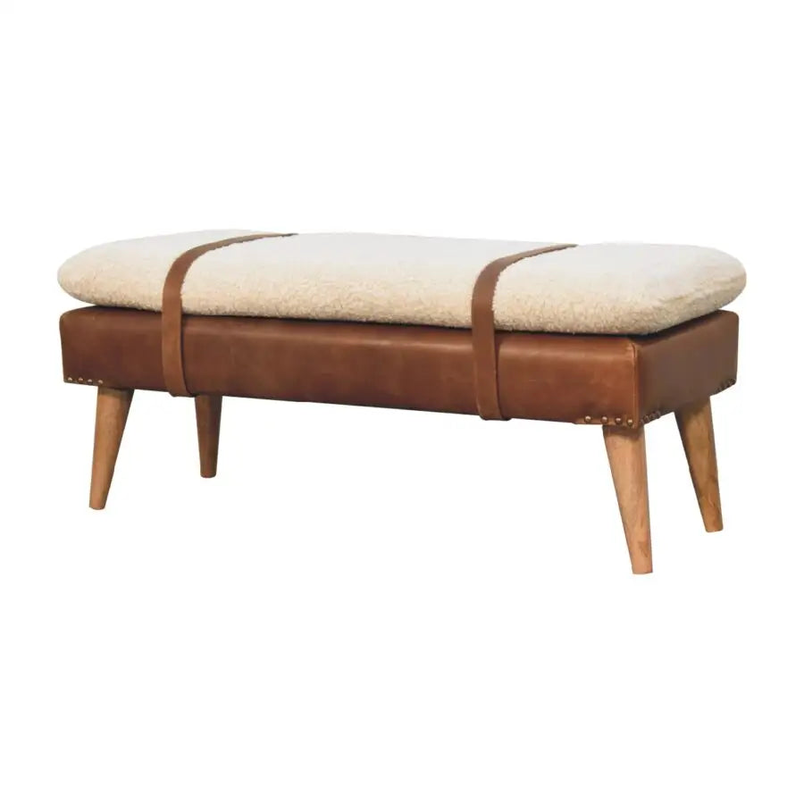Cream White Boucle Bench seat with brown leather straps 