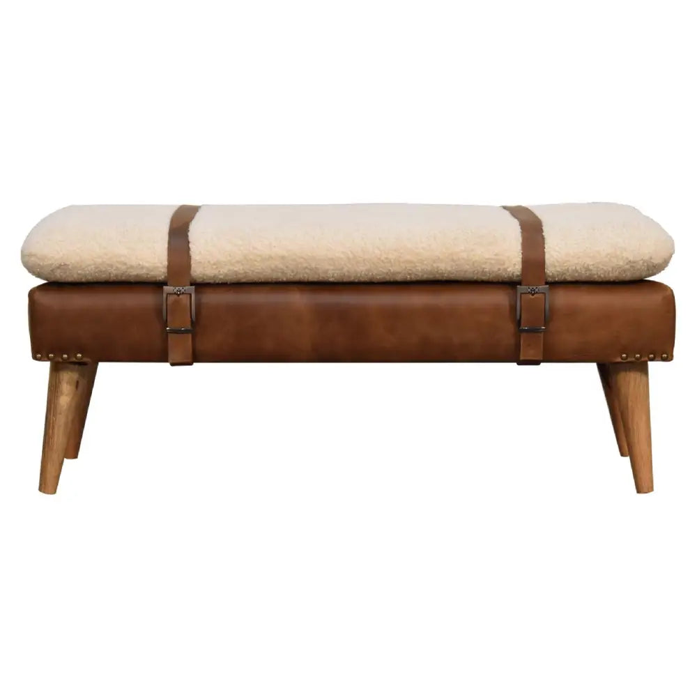 Bench seat with brown leather straps and Cream White Boucle cushion