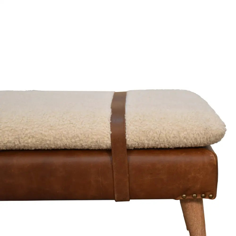 Brown leather Bench seat with a Cream white cushion 