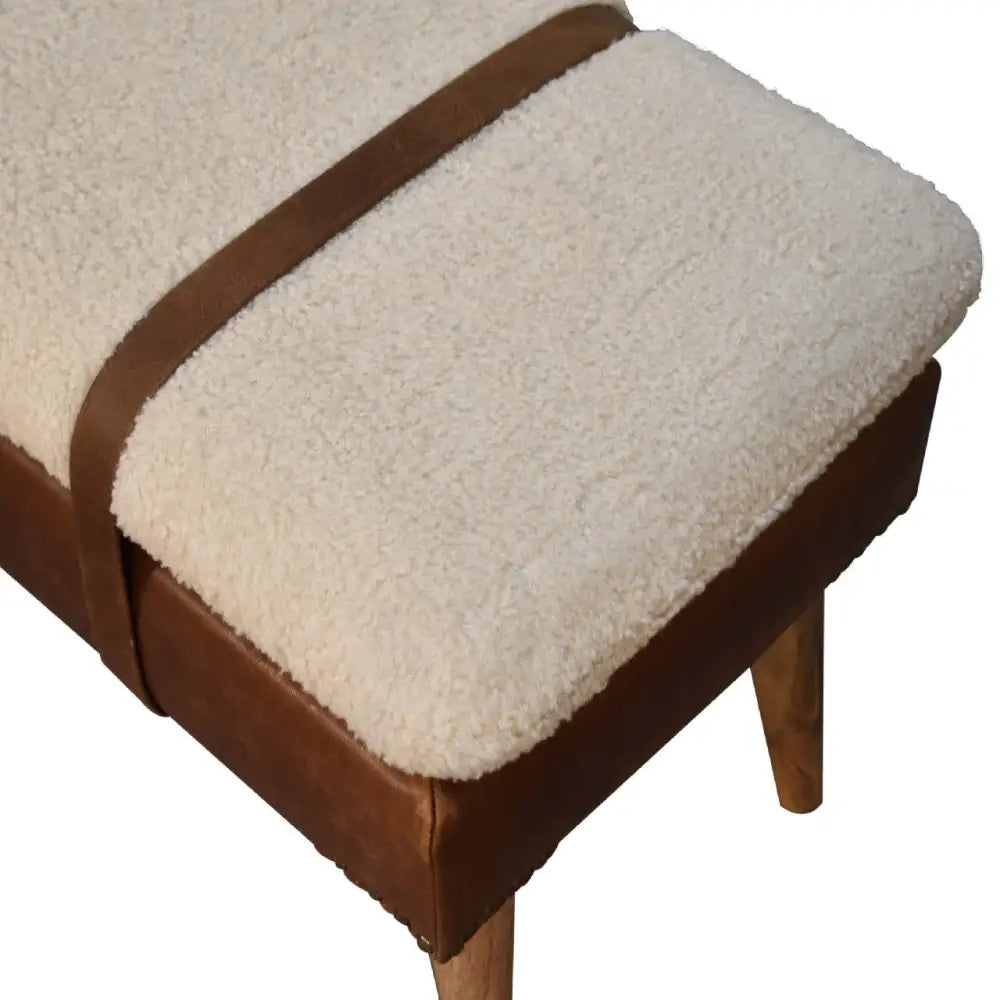 Cream boucle bench. cushioned bench with brown trim
