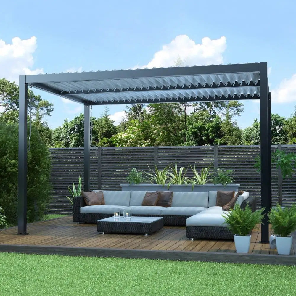 Deluxe Charcoal Pergola with roof. Outdoor patio with pergola