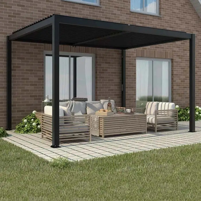Deluxe Charcoal Pergola with roof. Patio with pergola