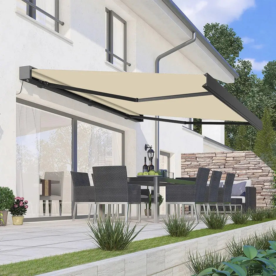Deluxe Wireless Electric Awning with LED Lighting – Ivory Canopy & Charcoal Cassette - Gazebo
