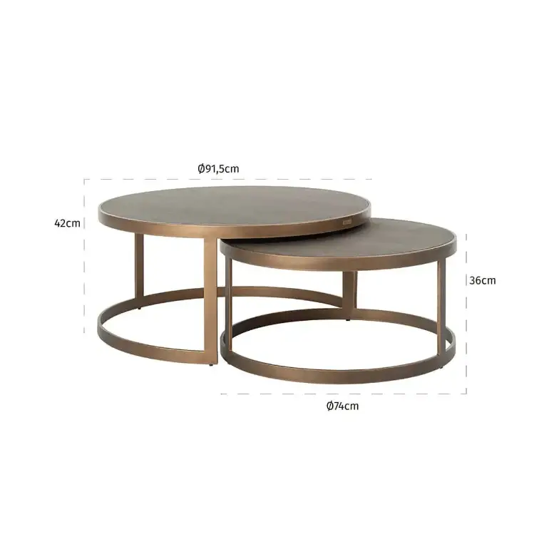 Set of two designer round coffee tables with dimensions 