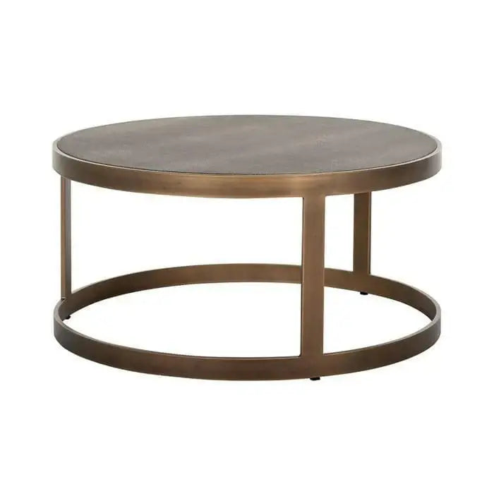 Round designer coffee tables with a bronze finish.  Set of two