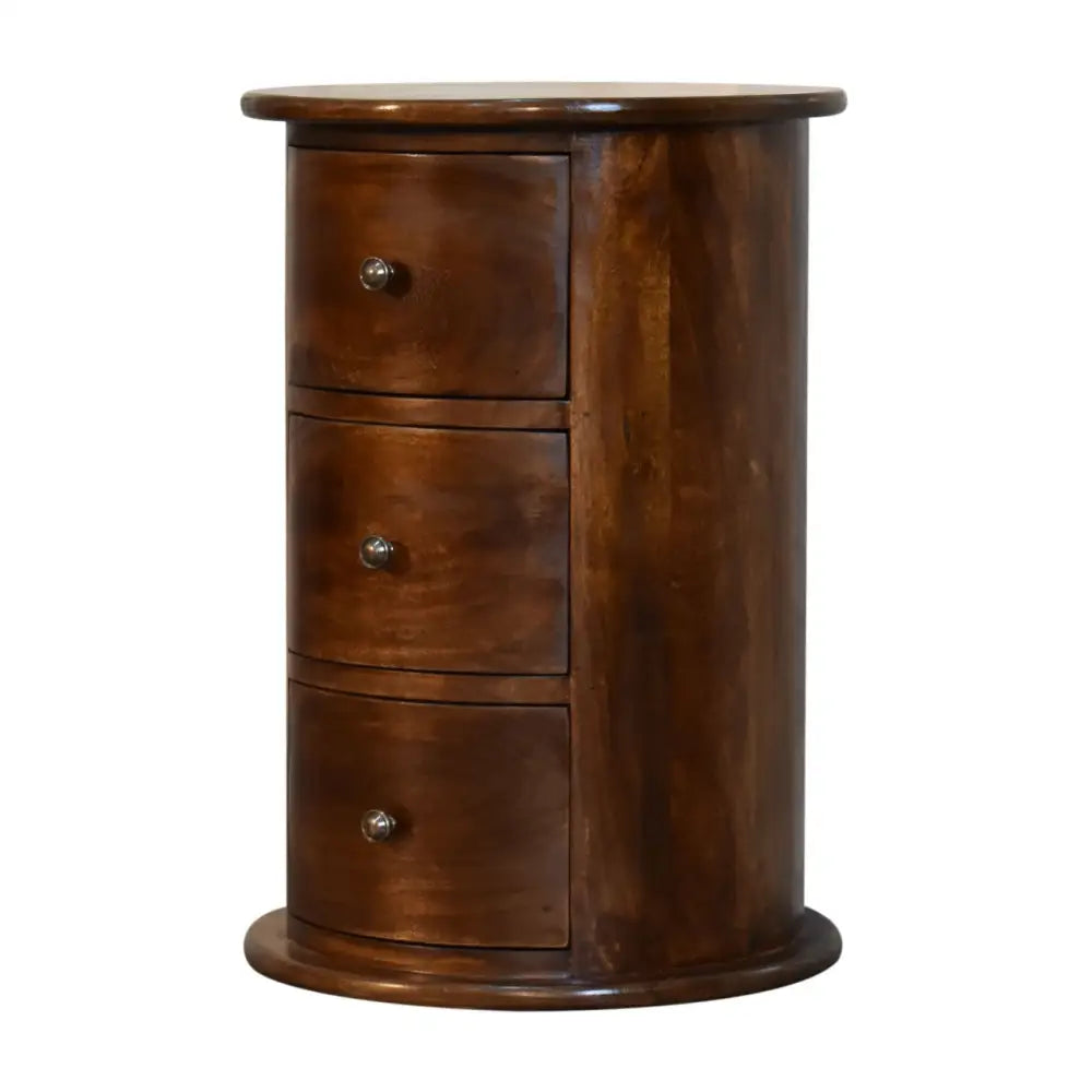 Drum Bedside Table with Drawers Wooden with three drawers. Eco-friendly home decor. Ethical wood sourcing. 