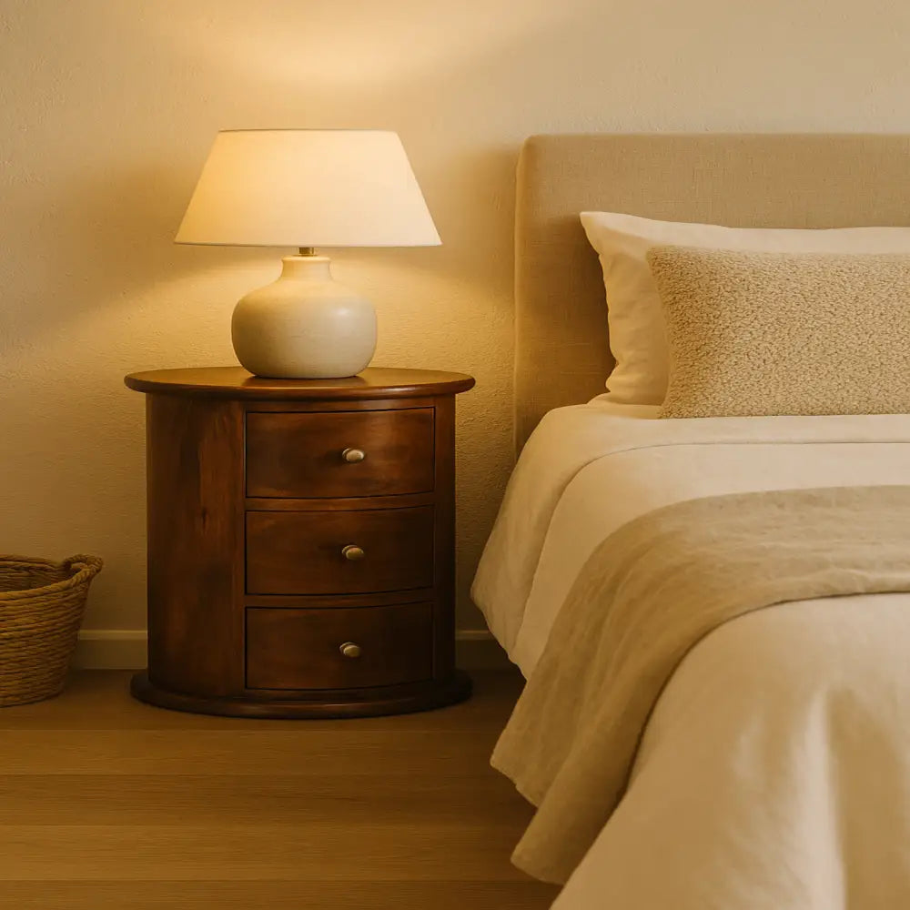 Eco-friendly home decor. Wooden drum nightstand. Ethical wood sourcing.