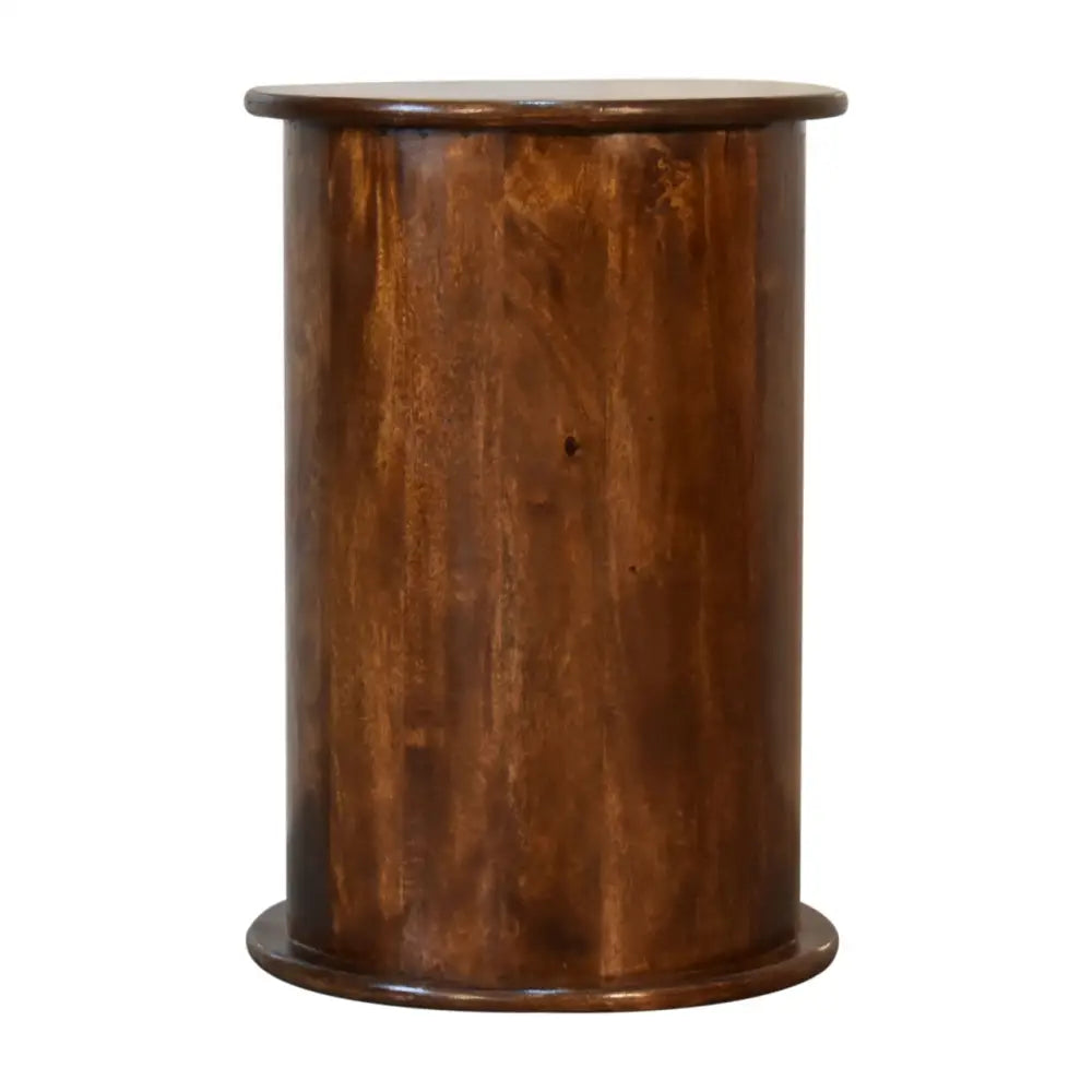 Eco-friendly home decor. Drum Bedside Table with Drawers. Solid wood, Ethical wood sourcing.