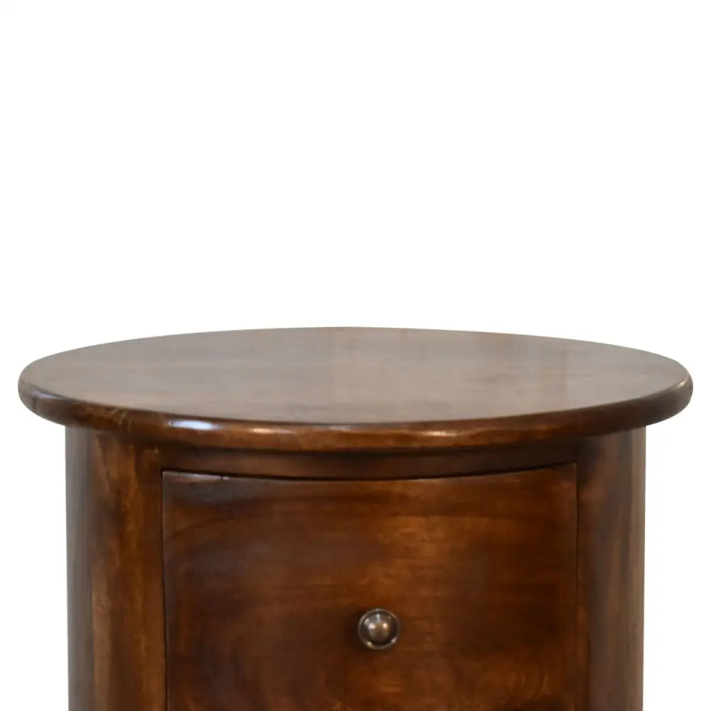 Drum Bedside Table with Drawers Wooden side table with a round top and a metal knob. Eco-friendly home decor.