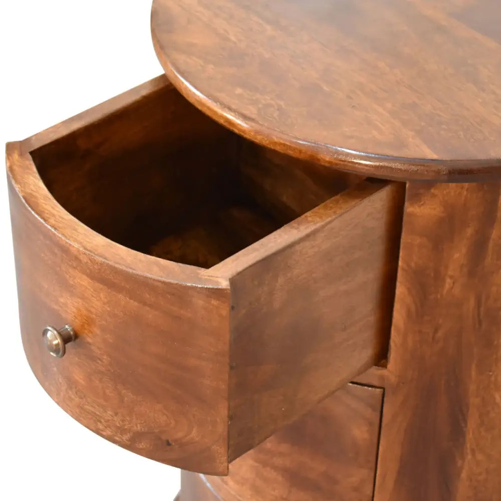 Eco-friendly home decor. Drum Bedside Table with Drawers Wooden side table with drawers. Sustainable furniture.