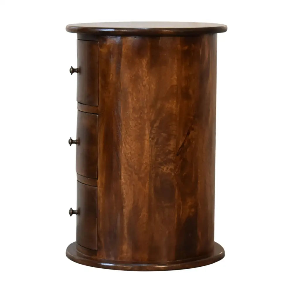 Eco-friendly home decor. Drum Bedside Table with Drawers Wooden cabinet with drawers. Sustainable furniture.