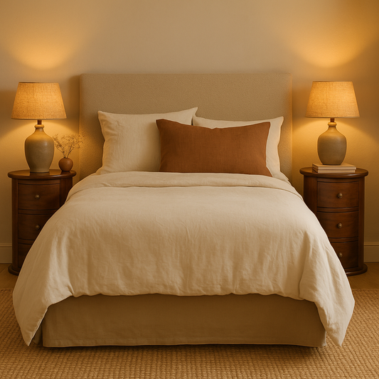 Bedroom with a bed, drum style nightstands, and lamps in a warm setting.
