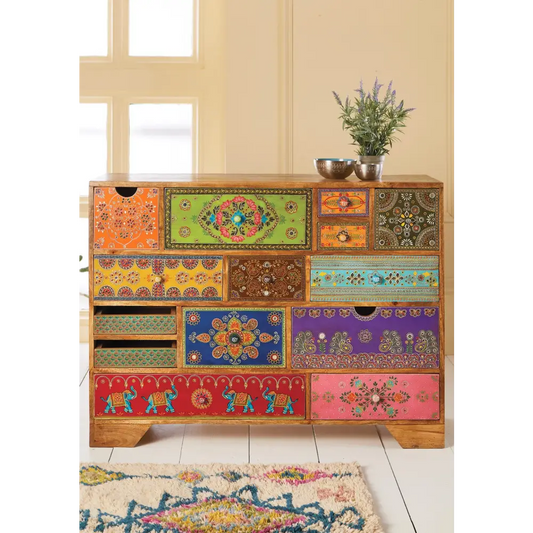 Eclectic Hand Painted 14 Drawer Cabinet . Colourful patterned dresser with various geometric and floral designs