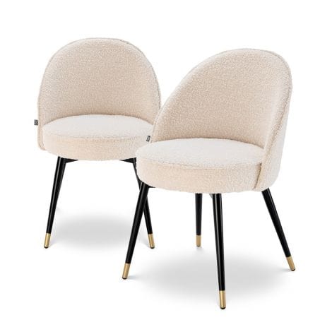 Set of 2 Mid-Century Modern Dining Chairs | Cream Bouclé & Brass