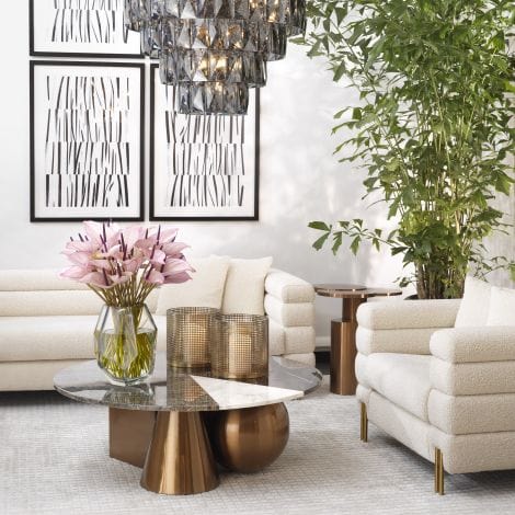 York Bouclé Cream Sofa | Streamline Moderne Art Deco Style with Brushed Brass Leg