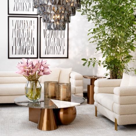 York Bouclé Cream Sofa | Streamline Moderne Art Deco Style with Brushed Brass Leg