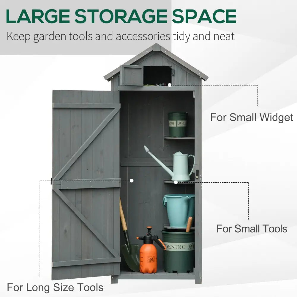 Small tall luxury wooden garden storage shed. For tall tools and shelves for smaller items.