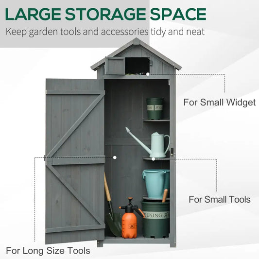 Small tall luxury wooden garden storage shed. For tall tools and shelves for smaller items.
