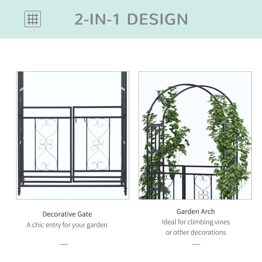 Elegant steel garden arch with gate. 'Decorative Gate' and 'Garden Arch' 