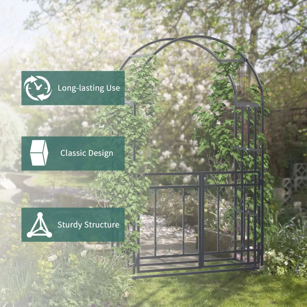 Elegant steel garden arch with gate. Garden archway with classic design