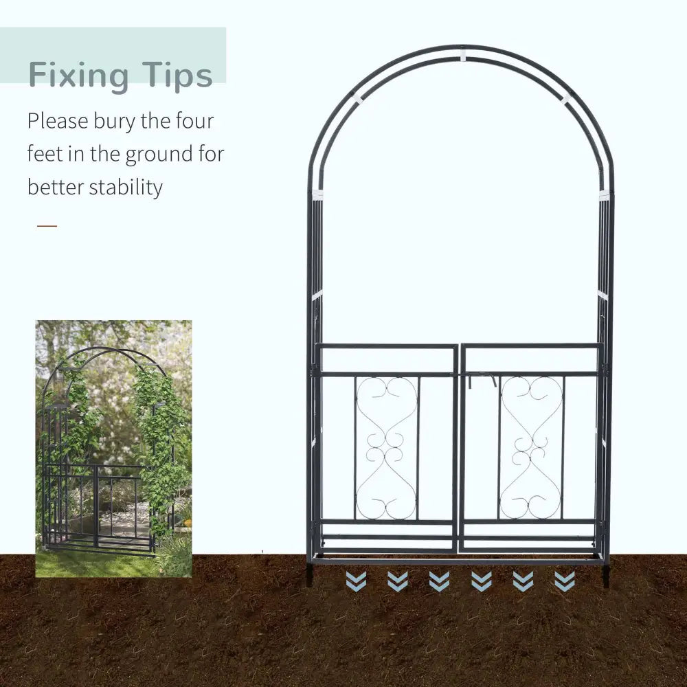 Elegant steel garden arch with gate. Metal garden arch with stability and installation instruction.
