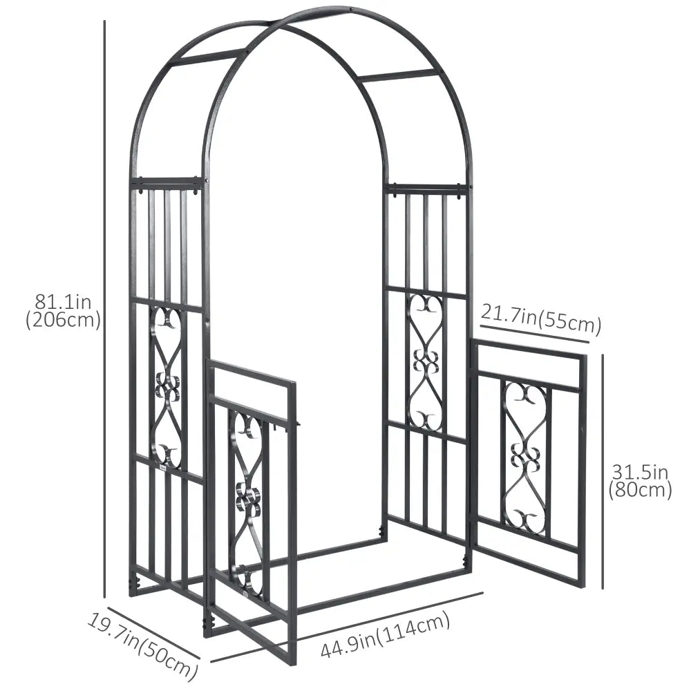 Elegant steel garden arch with gate. Metal garden arch with dimensions indicated 
