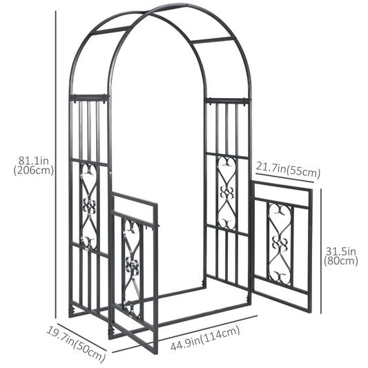 Elegant steel garden arch with gate. Metal garden arch with dimensions indicated 