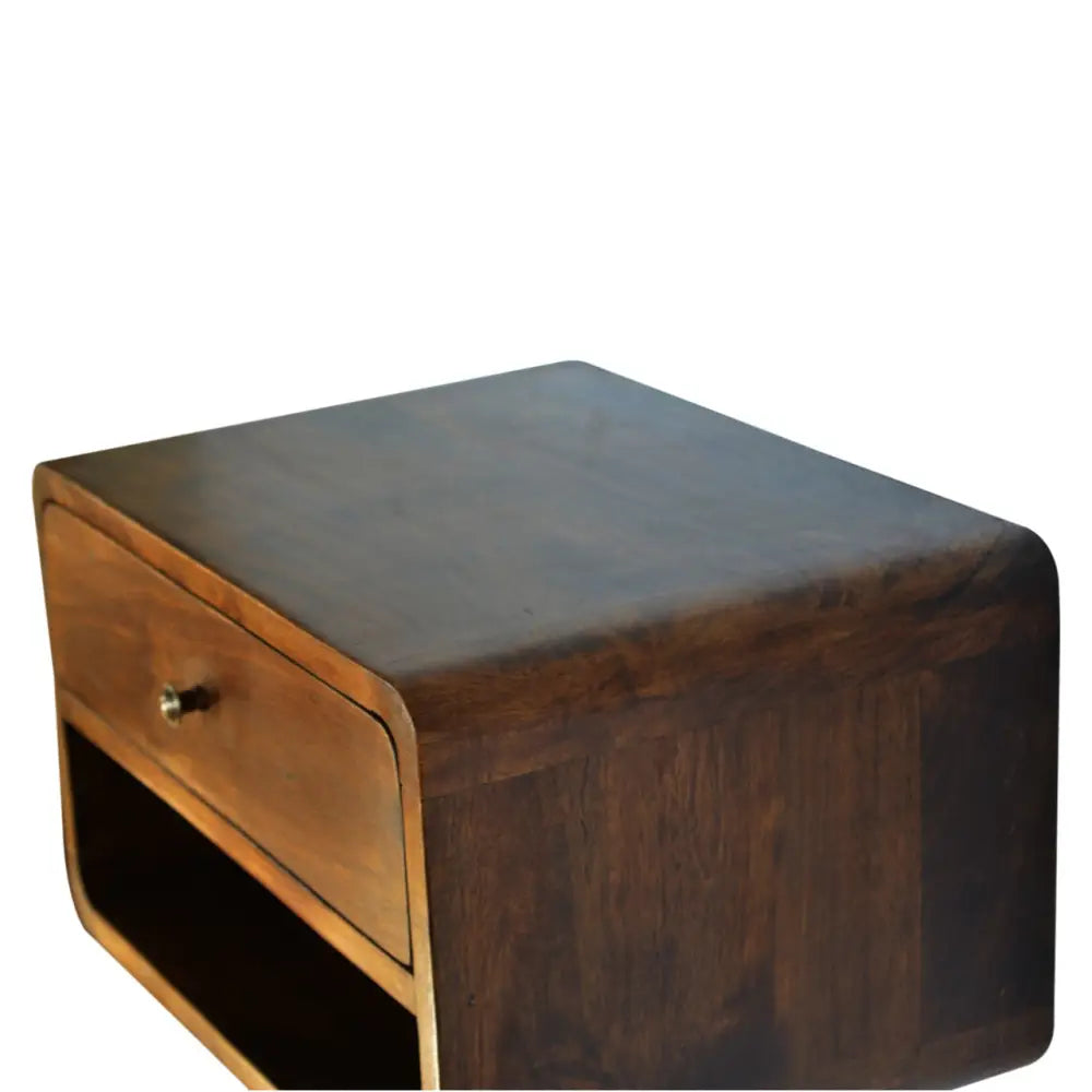 Floating bedside table set with drawer. Wooden side table with a single drawer. Eco-friendly home decor. Sustainable furniture.