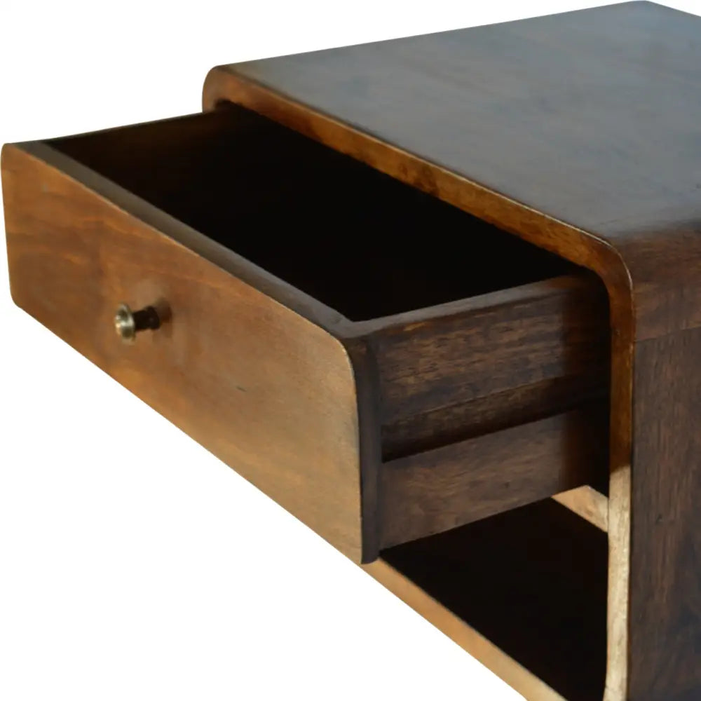 Floating bedside table set with drawer.Wooden drawer with a metal handle. Eco-friendly home decor. Sustainable furniture.