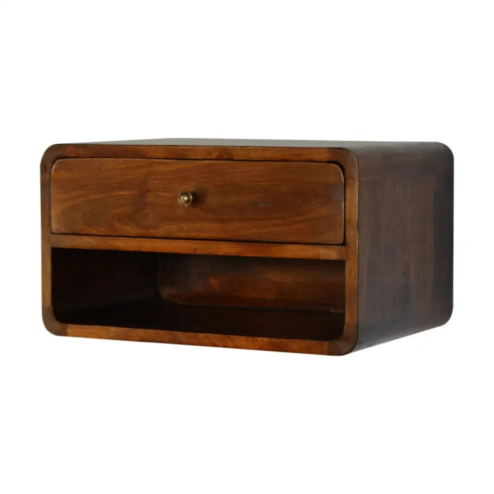 Eco-friendly home decor. Floating bedside table set with drawer. Wooden nightstand with a single drawer. Sustainable furniture.