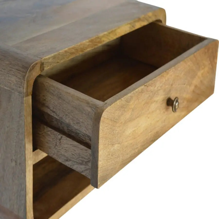 Sustainable furniture. Wooden bedside table drawer with a metal handle. Eco-friendly home decor