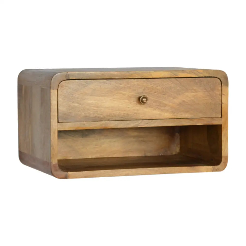 Sustainable furniture. Wooden bedside table with a single drawer. Eco-friendly home decor. 