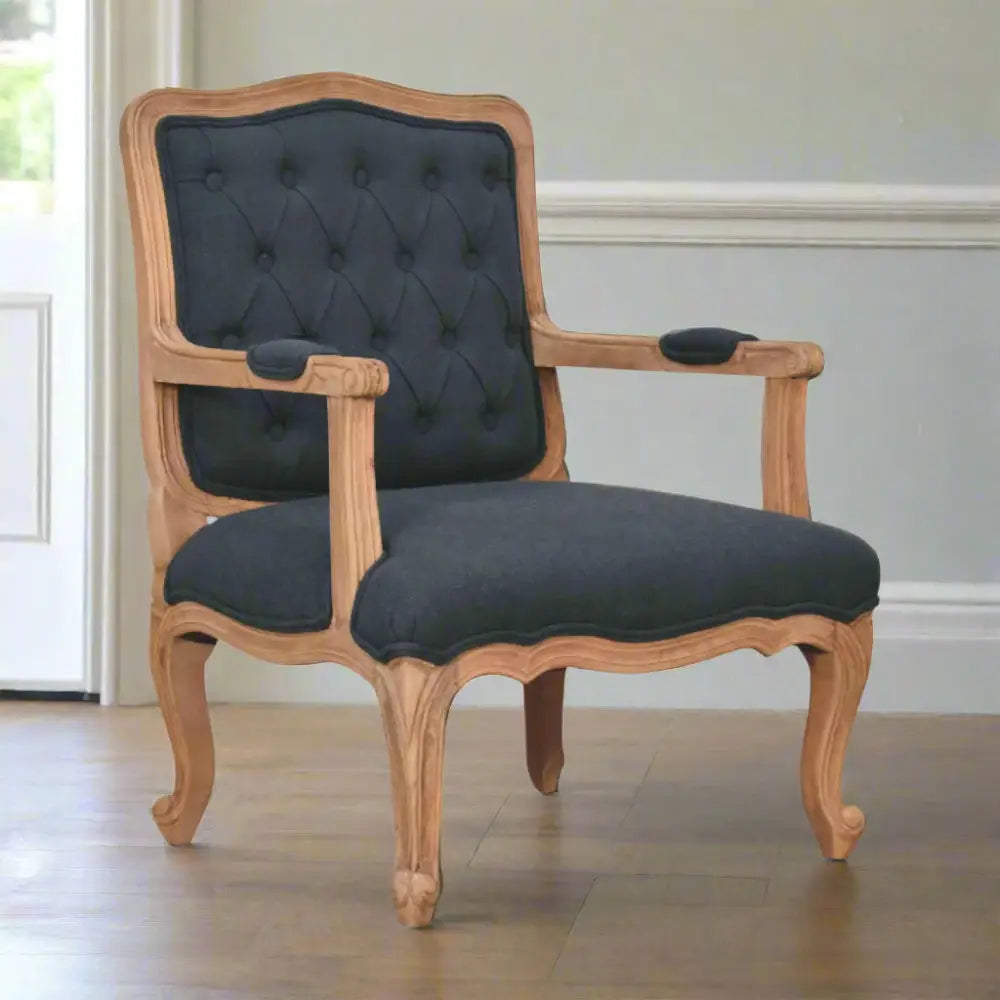 French style chair with arms. Chair with dark grey upholstered seat and backrest