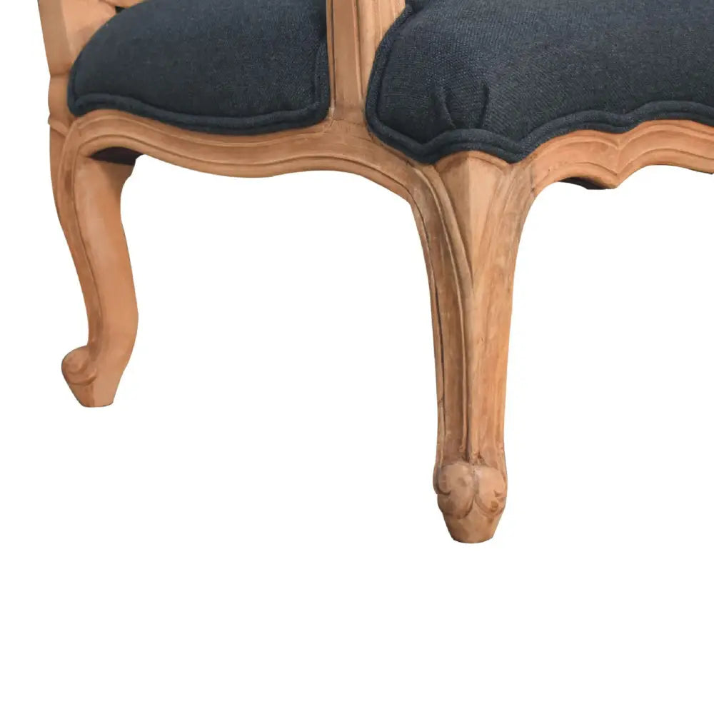 French style chair with arms. Wooden chair with dark grey upholstered seats 