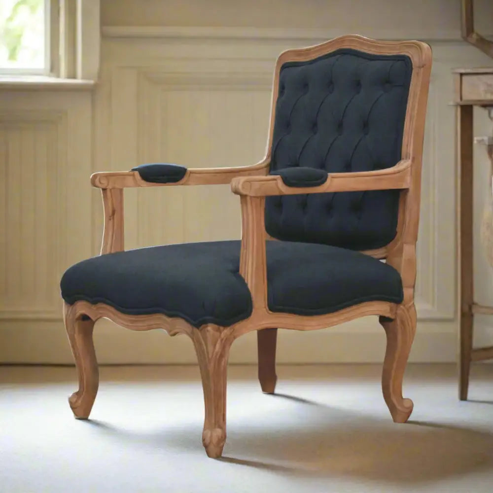 French style chair with arms. Chair with dark grey upholstered seat and backrest 