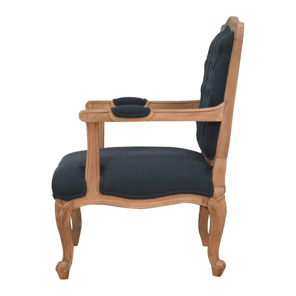French style chair with arms. Chair with grey cushioned seat and backrest 