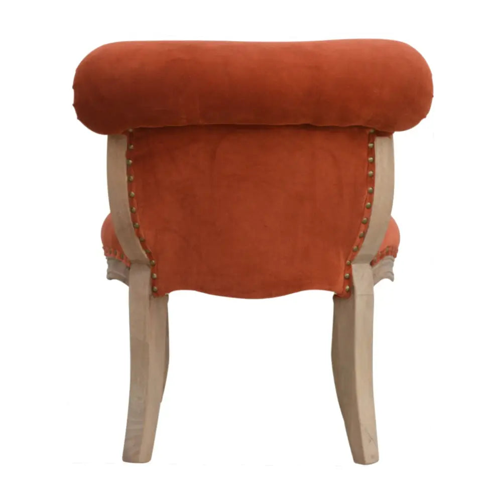 French Style Chair. Orange upholstered chair with wooden legs. Available in various sumptuous colours