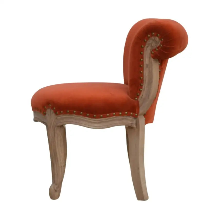 French Style Chair. Orange upholstered chair with wooden legs.Available in various sumptuous colours
