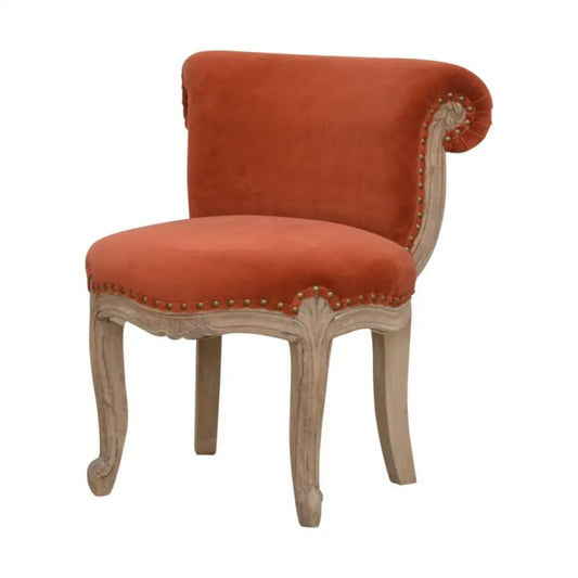 French Style Chair. Orange velvet chair with wooden frame. Available in various sumptuous colours