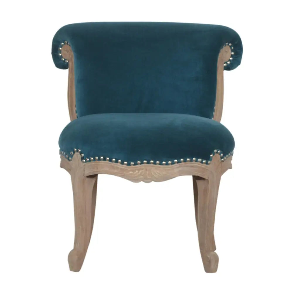 French Style Chair. Teal velvet chair with wooden frame. Available in various sumptuous colours