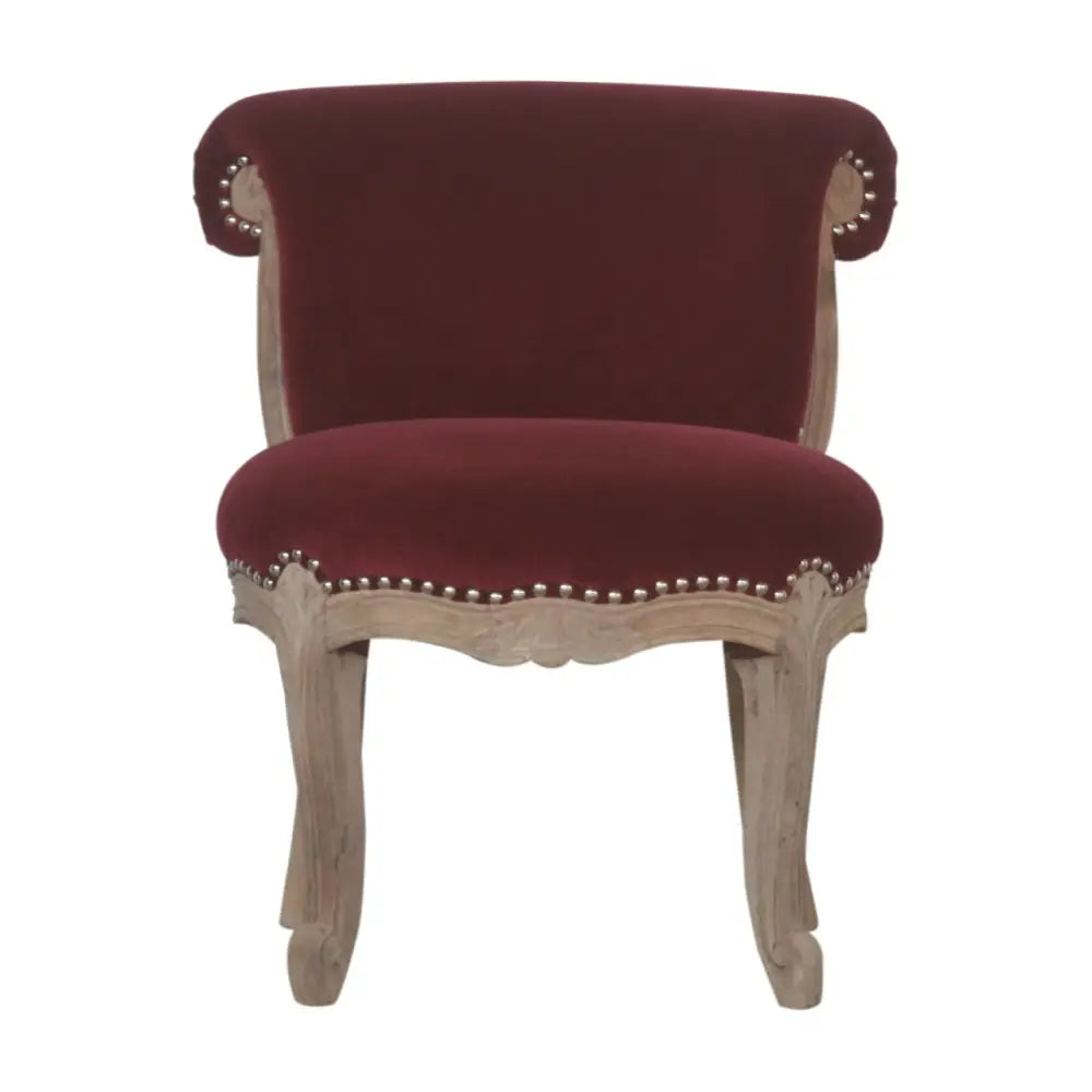 French Style Chair with burgundy velvet upholstery and wooden frame.Available in various sumptuous colours