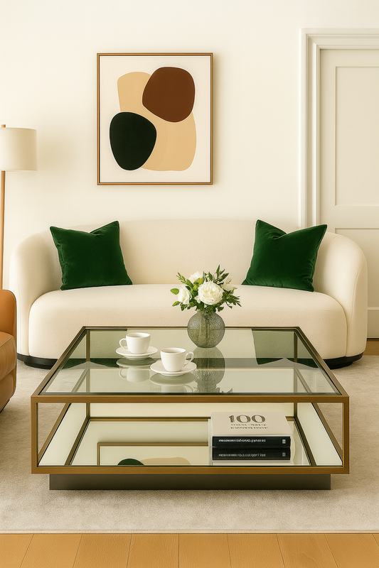 Brushed Brass Coffee Table with Glass & Mirrored Shelf