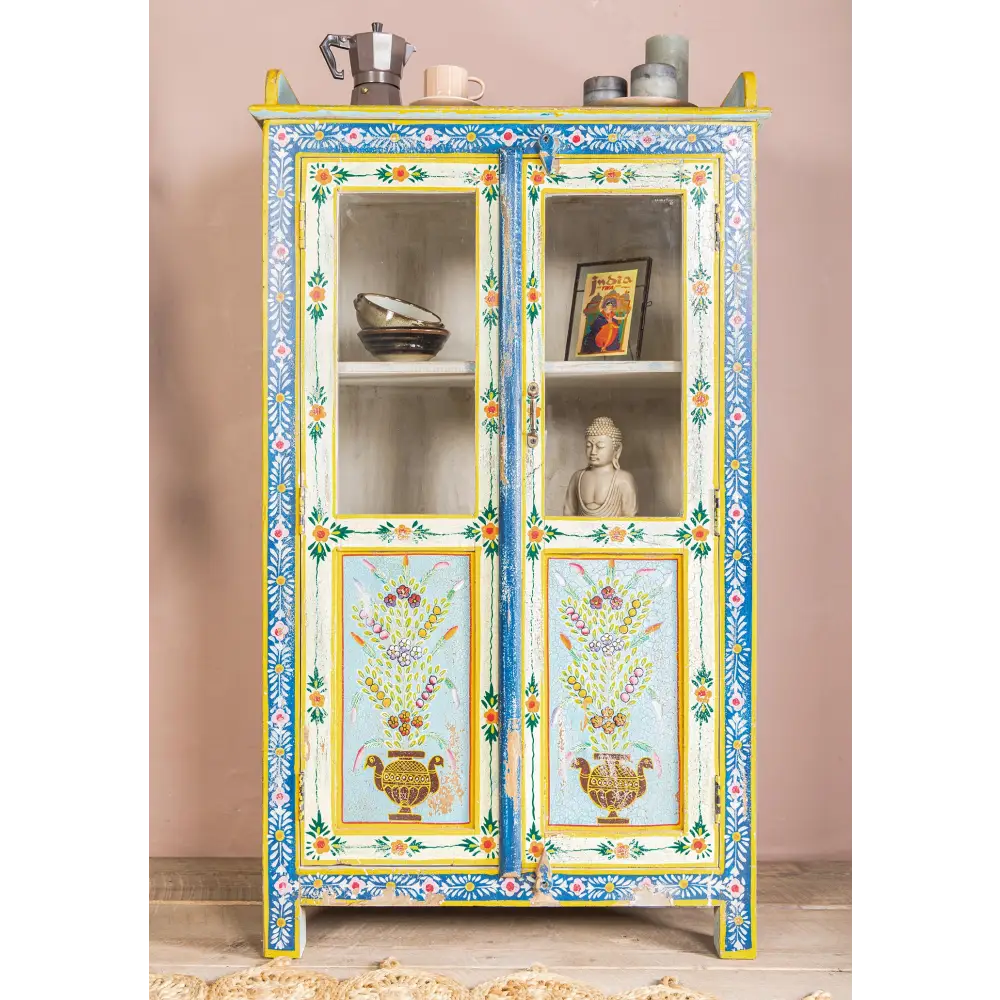 Decorative cabinet with floral patterns and colourful design 